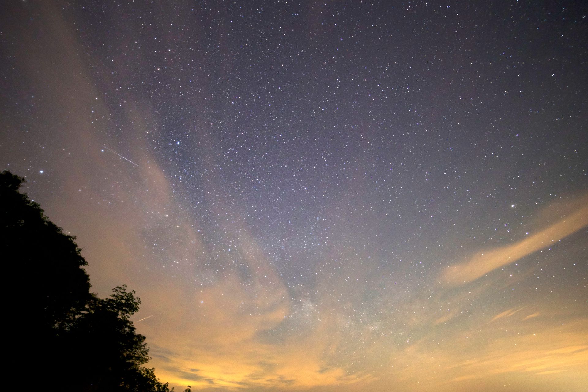 A starry night sky with a faint shooting star and the Milky Way arching over a dark tree silhouette, representing the luck and good fortune linked to angel number 777