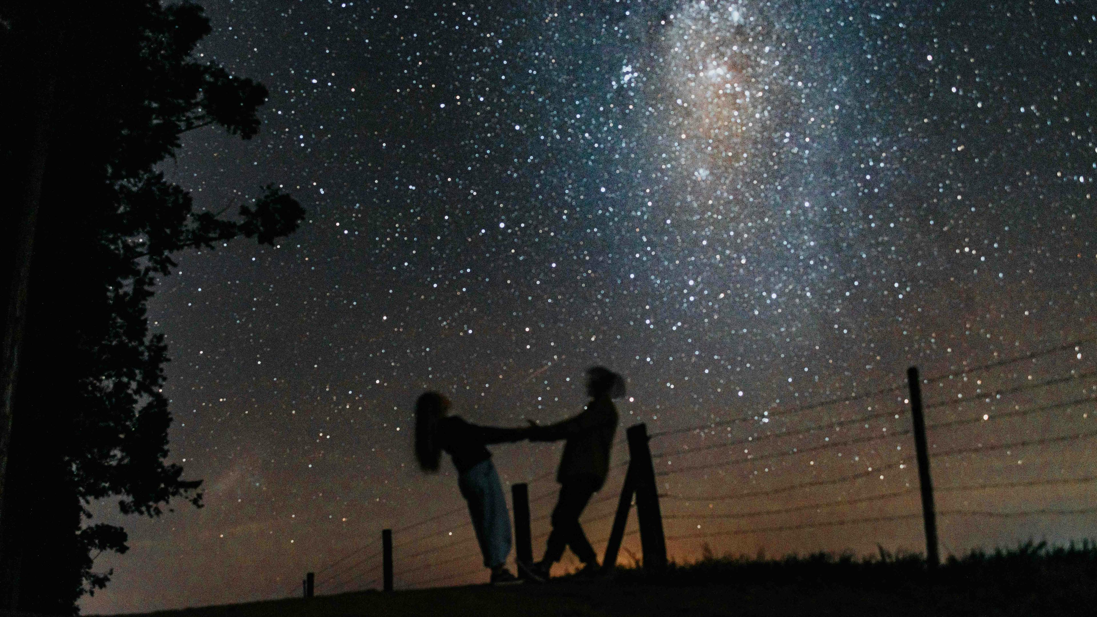 Couple holding hands under a starry night sky representing soulmate connections and astrological partnership