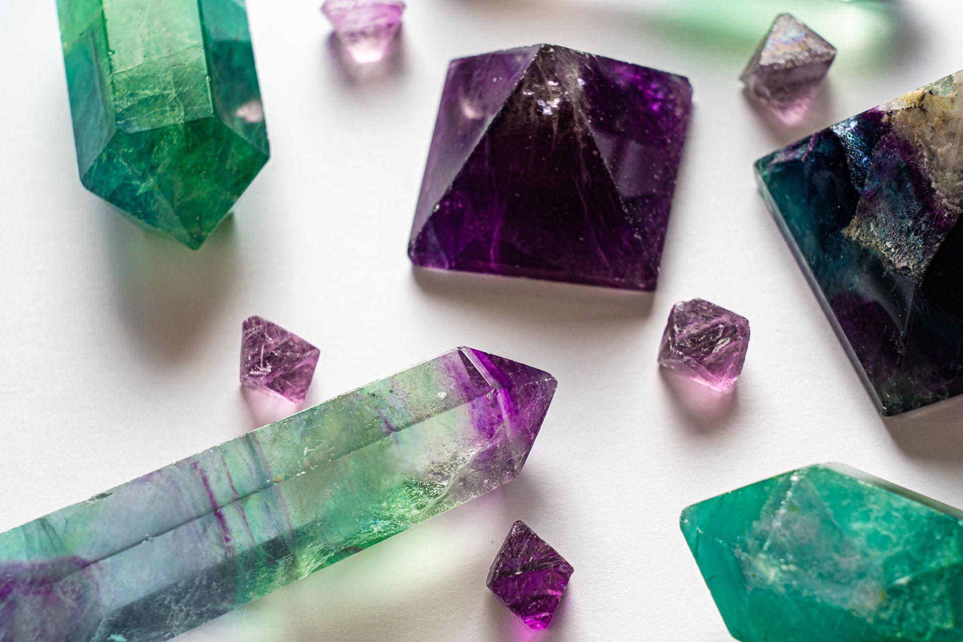 Colorful banded rainbow fluorite in shades of purple and green, showing the different types of fluorite