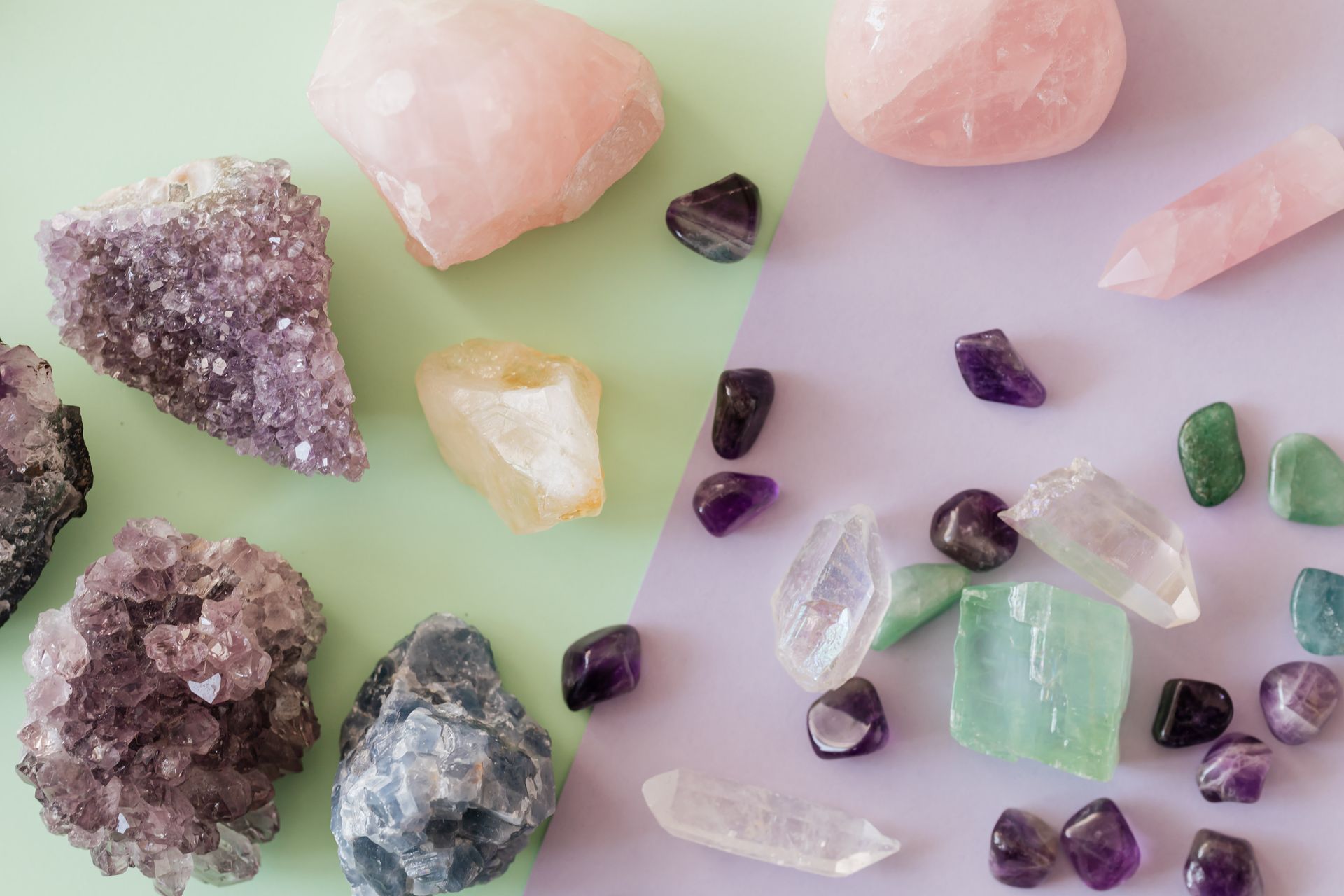 An open box of assorted raw and tumbled crystals in many colors, ready for a beginner to choose from