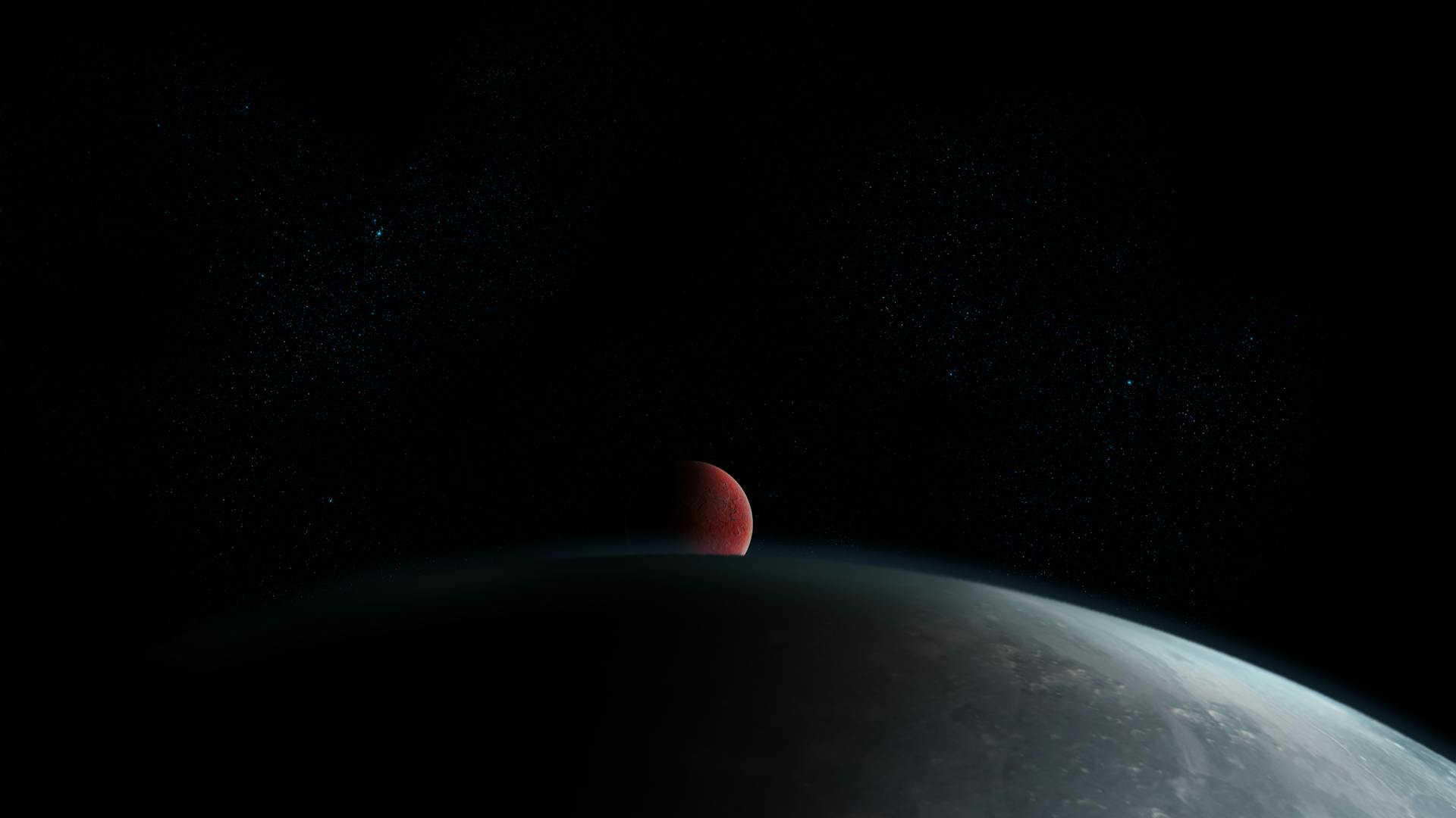 A red moon rising above a planetary surface against a star-filled cosmos representing the inward pull of retrograde planetary energy