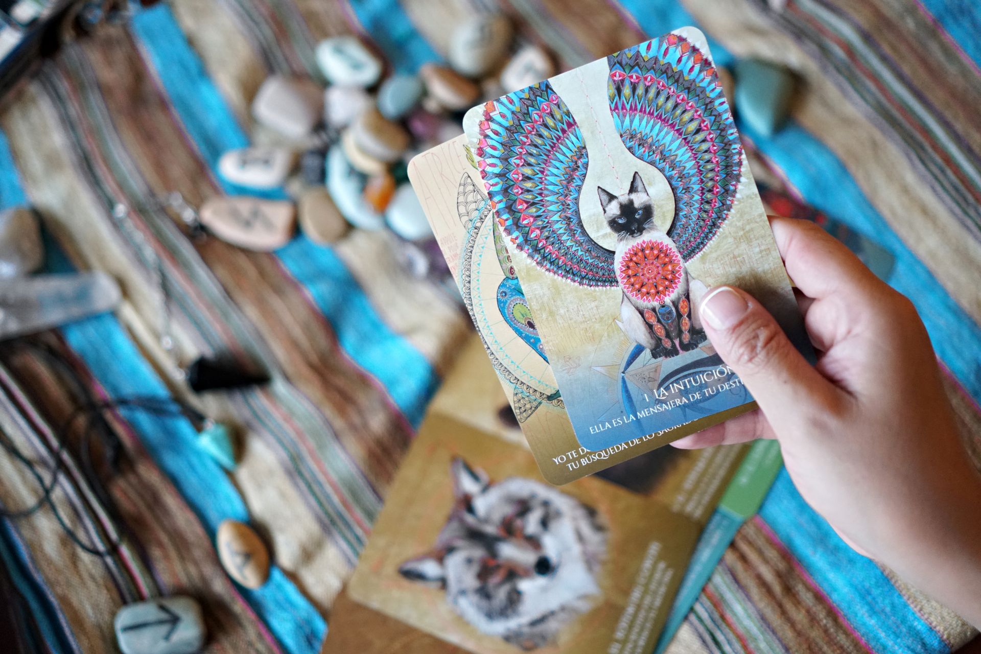 A person holding mystical illustrated cards surrounded by crystals, showing how to read oracle cards step by step