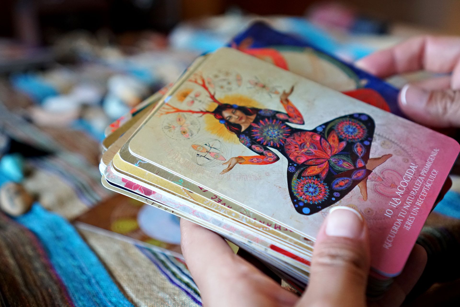 Colorful illustrated cards held in diverse hands, comparing oracle cards and tarot for a beginner reading