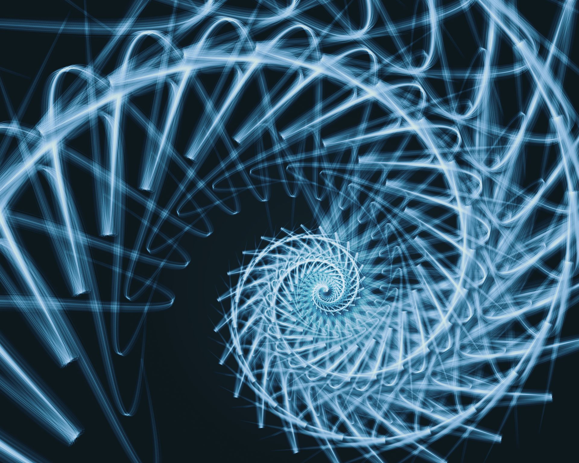 A luminous blue spiral winding inward to a single point, illustrating the logarithmic spiral tied to the golden ratio in sacred geometry