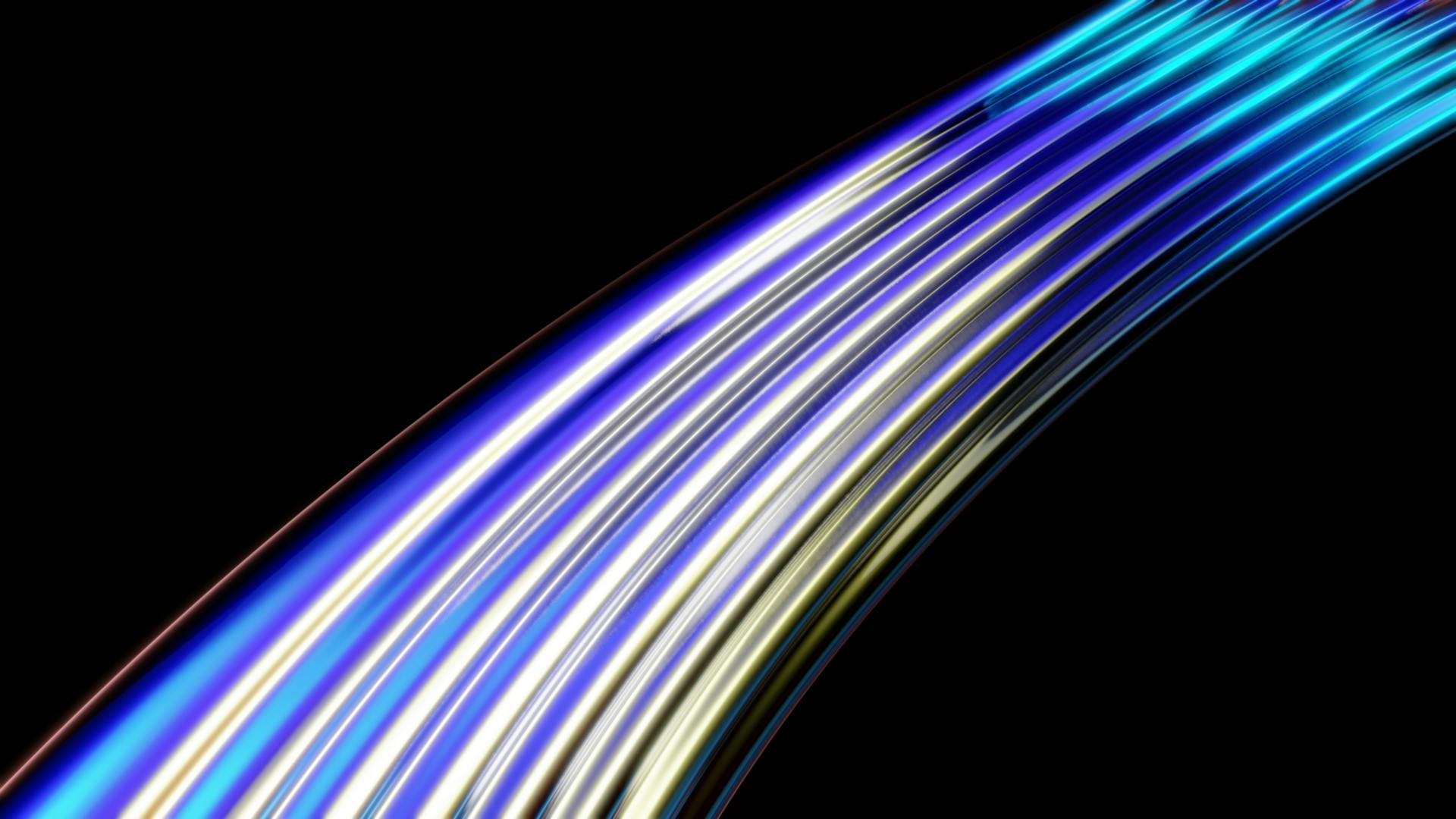 Vibrant curved light trails in blue and yellow on a dark background representing Uranus connection to technology and electric energy