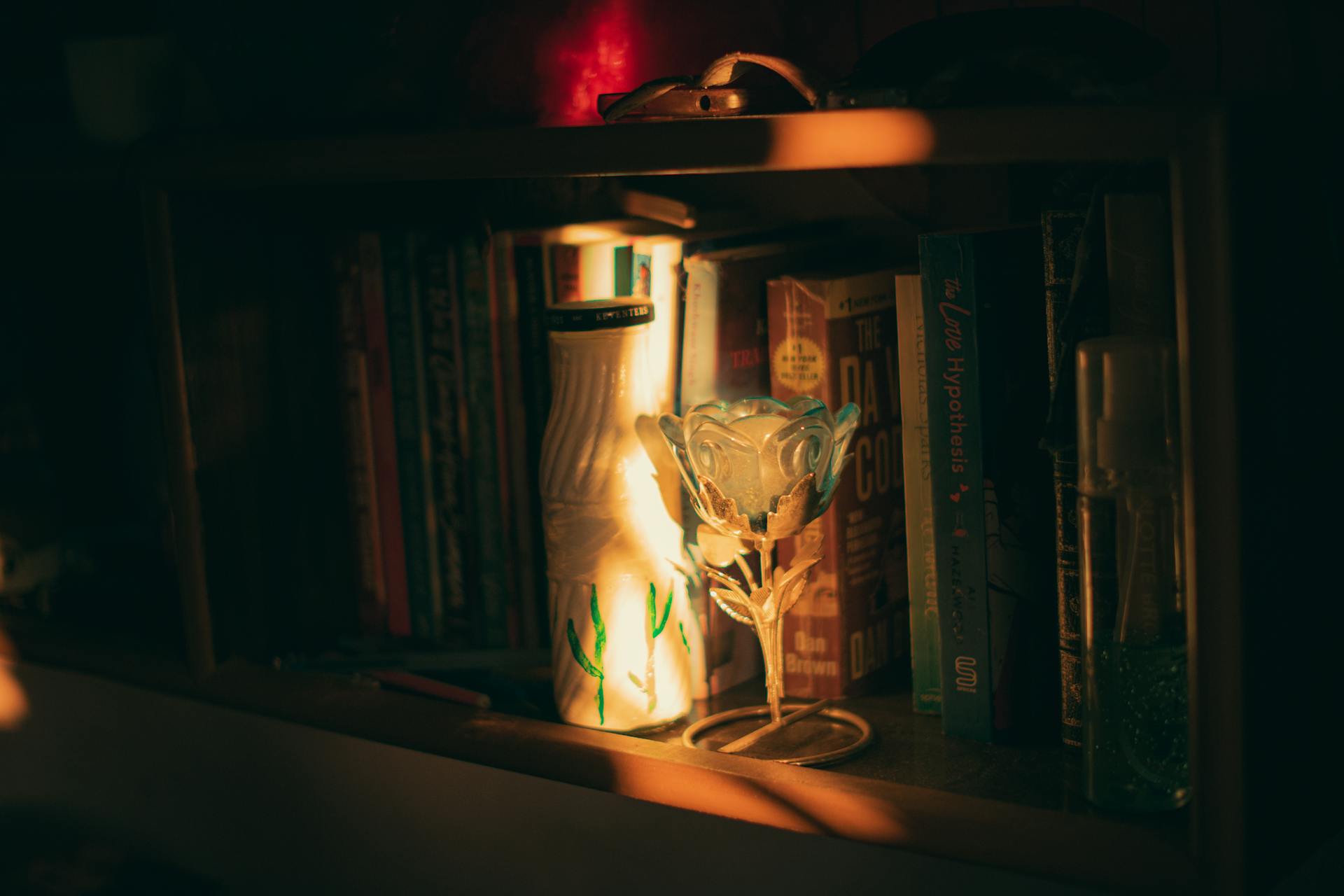 Warm light casting on a bookshelf with books and decorative elements creating a cozy atmosphere representing Venus comfort in daily surroundings