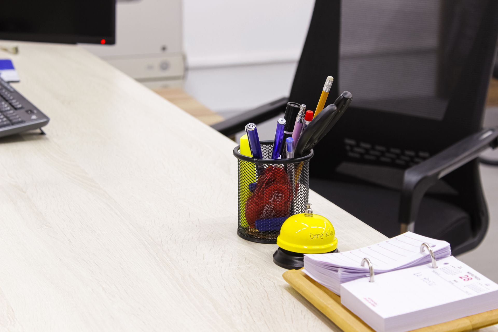 A neat, carefully organized desk with everything in its place, capturing Virgo's eye for detail and order